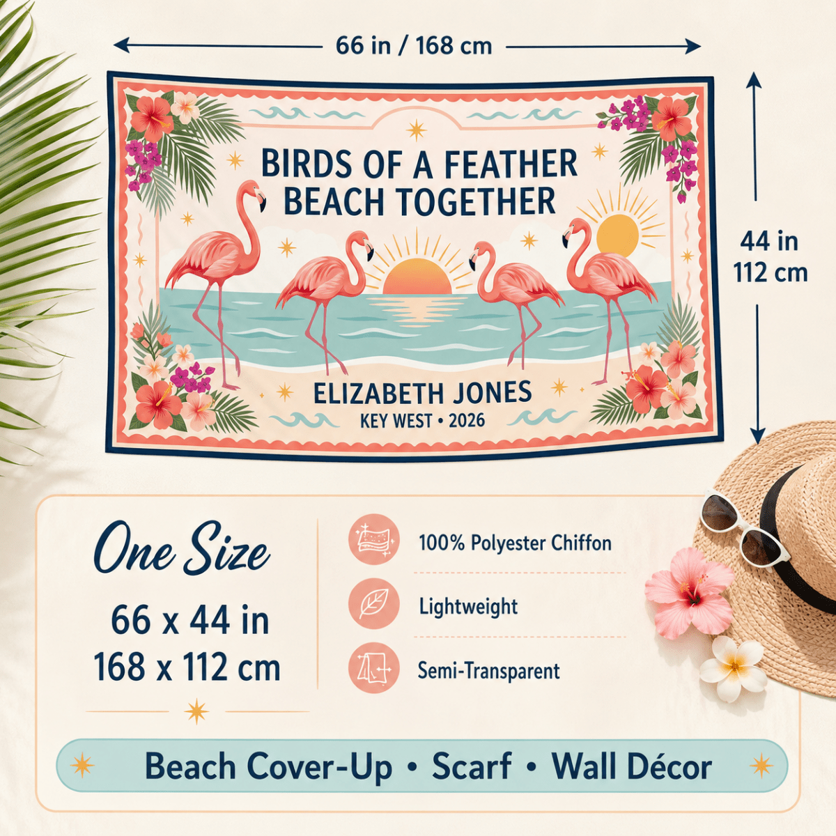 Personalized Birds of a Feather Sarong | Custom Flamingo Beach Wrap | Best Friends Gift - FlamingoAholic