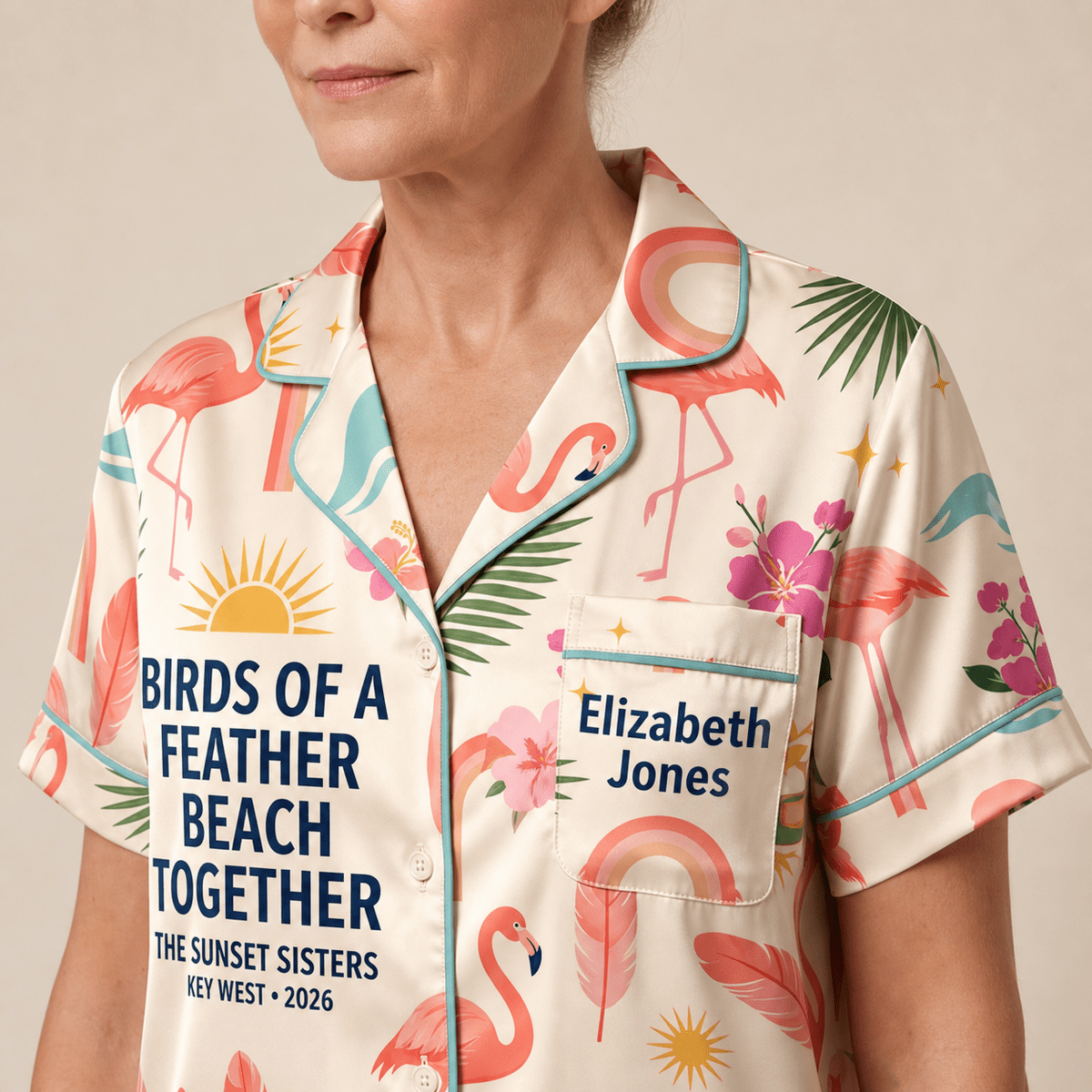 Personalized Birds of a Feather Satin Pajama Shirt Dress | Matching Best Friend Pajamas | Beach Together Sleep Shirt - FlamingoAholic