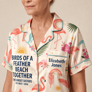 Personalized Birds of a Feather Satin Pajama Shirt Dress | Matching Best Friend Pajamas | Beach Together Sleep Shirt - FlamingoAholic