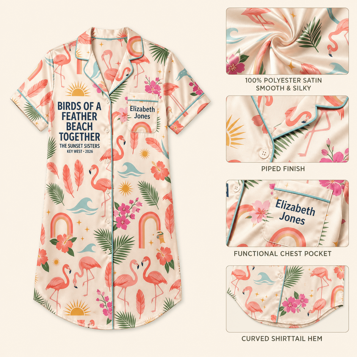 Personalized Birds of a Feather Satin Pajama Shirt Dress | Matching Best Friend Pajamas | Beach Together Sleep Shirt - FlamingoAholic