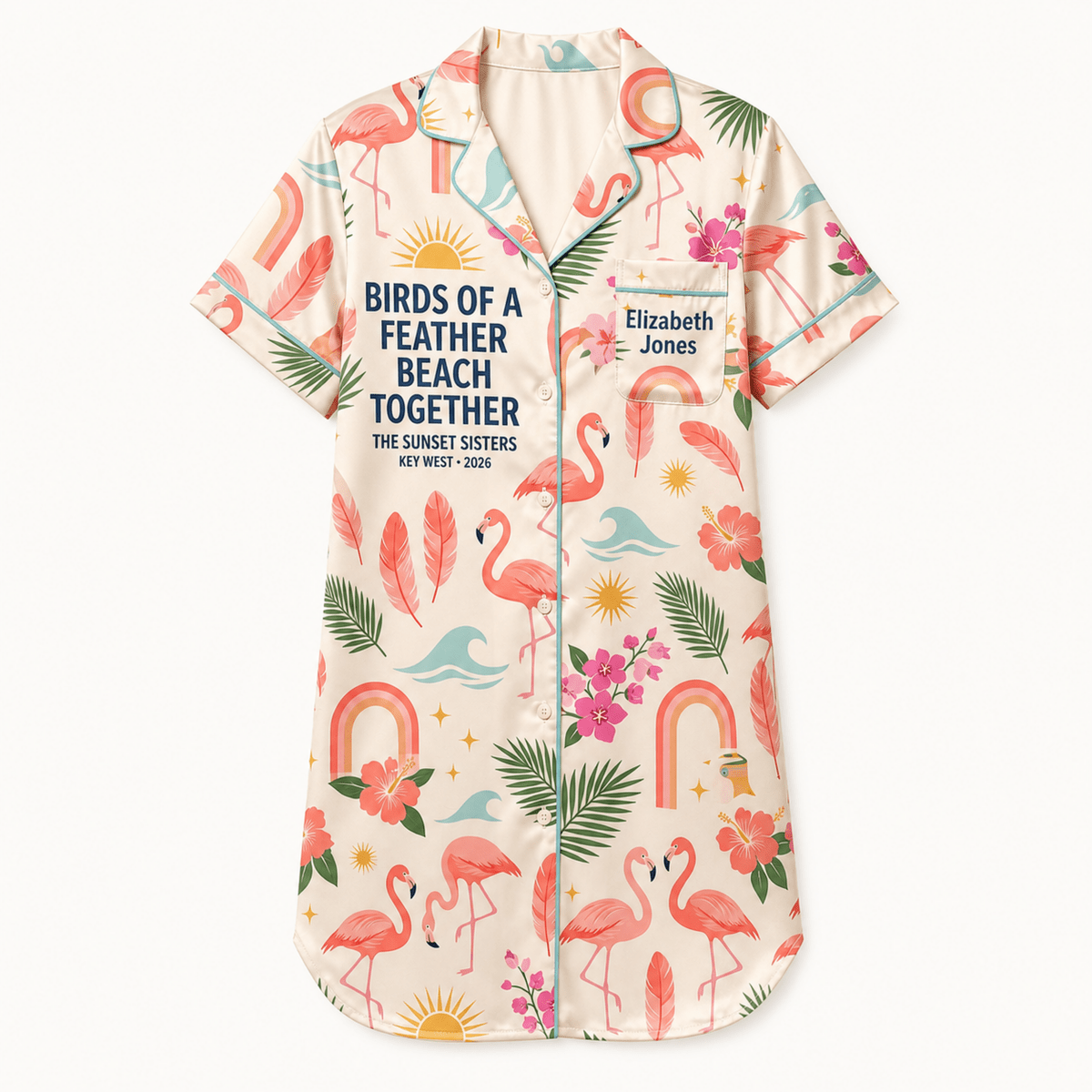 Personalized Birds of a Feather Satin Pajama Shirt Dress | Matching Best Friend Pajamas | Beach Together Sleep Shirt - FlamingoAholic