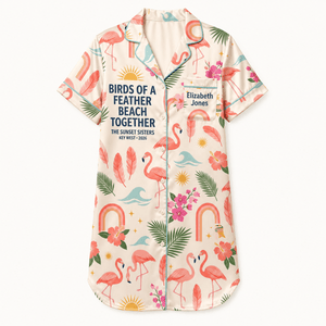 Personalized Birds of a Feather Satin Pajama Shirt Dress | Matching Best Friend Pajamas | Beach Together Sleep Shirt - FlamingoAholic