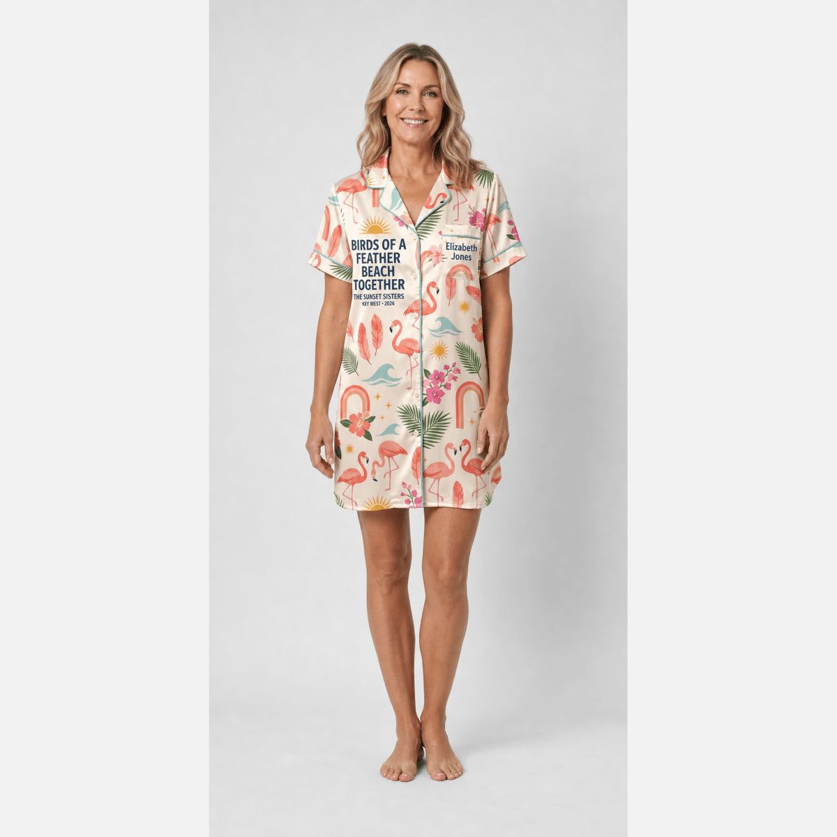 Personalized Birds of a Feather Satin Pajama Shirt Dress | Matching Best Friend Pajamas | Beach Together Sleep Shirt - FlamingoAholic
