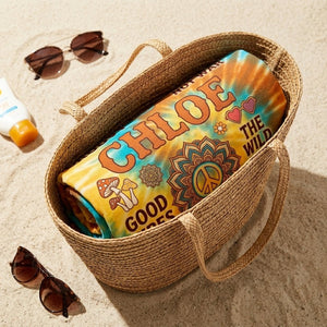 Personalized Boho Beach Towel - Custom Name "Good Vibes Only" Summer Gift - FlamingoAholic