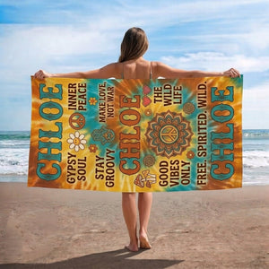 Personalized Boho Beach Towel - Custom Name "Good Vibes Only" Summer Gift - FlamingoAholic