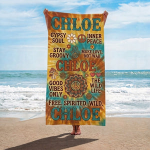 Personalized Boho Beach Towel - Custom Name "Good Vibes Only" Summer Gift - FlamingoAholic