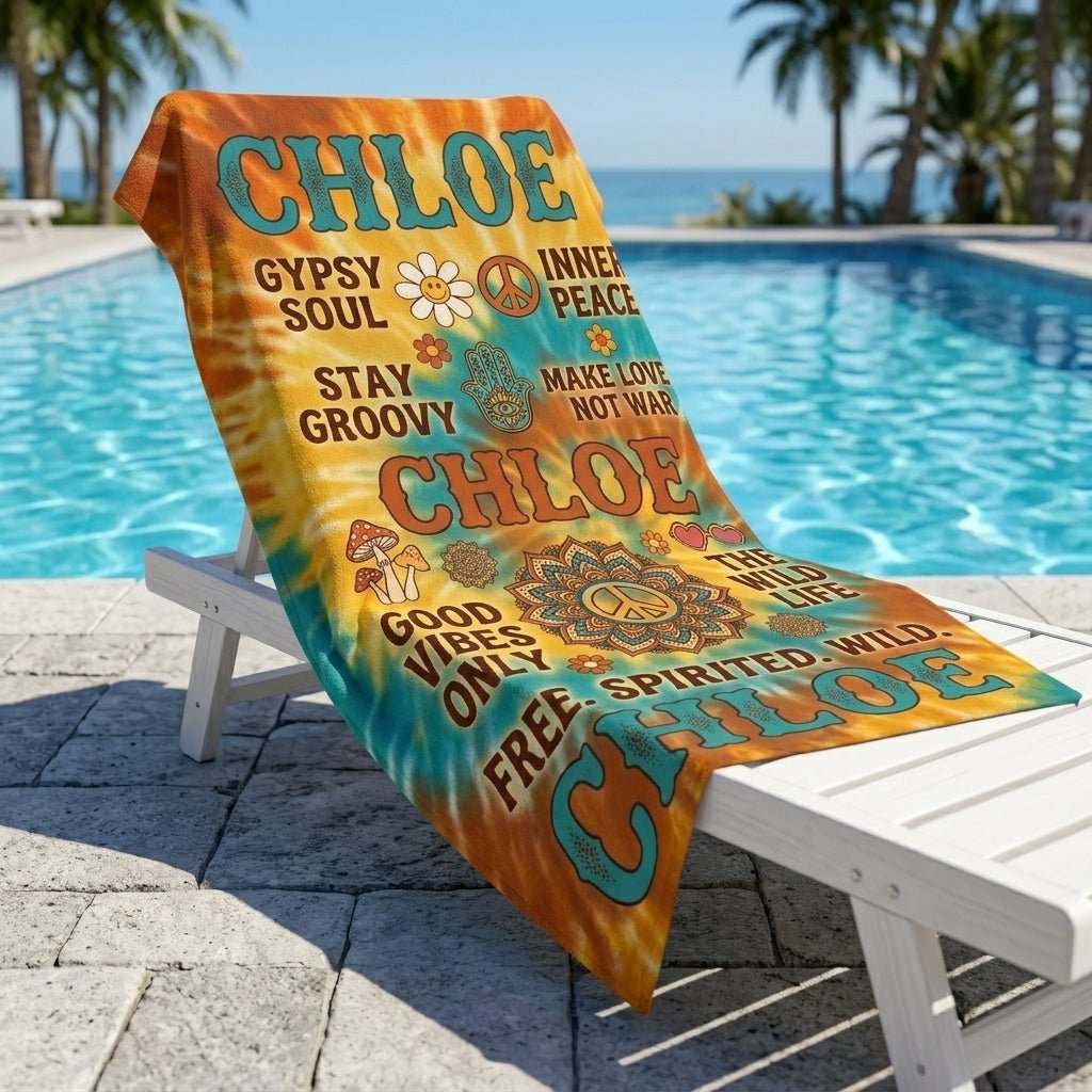 Personalized Boho Beach Towel - Custom Name "Good Vibes Only" Summer Gift - FlamingoAholic