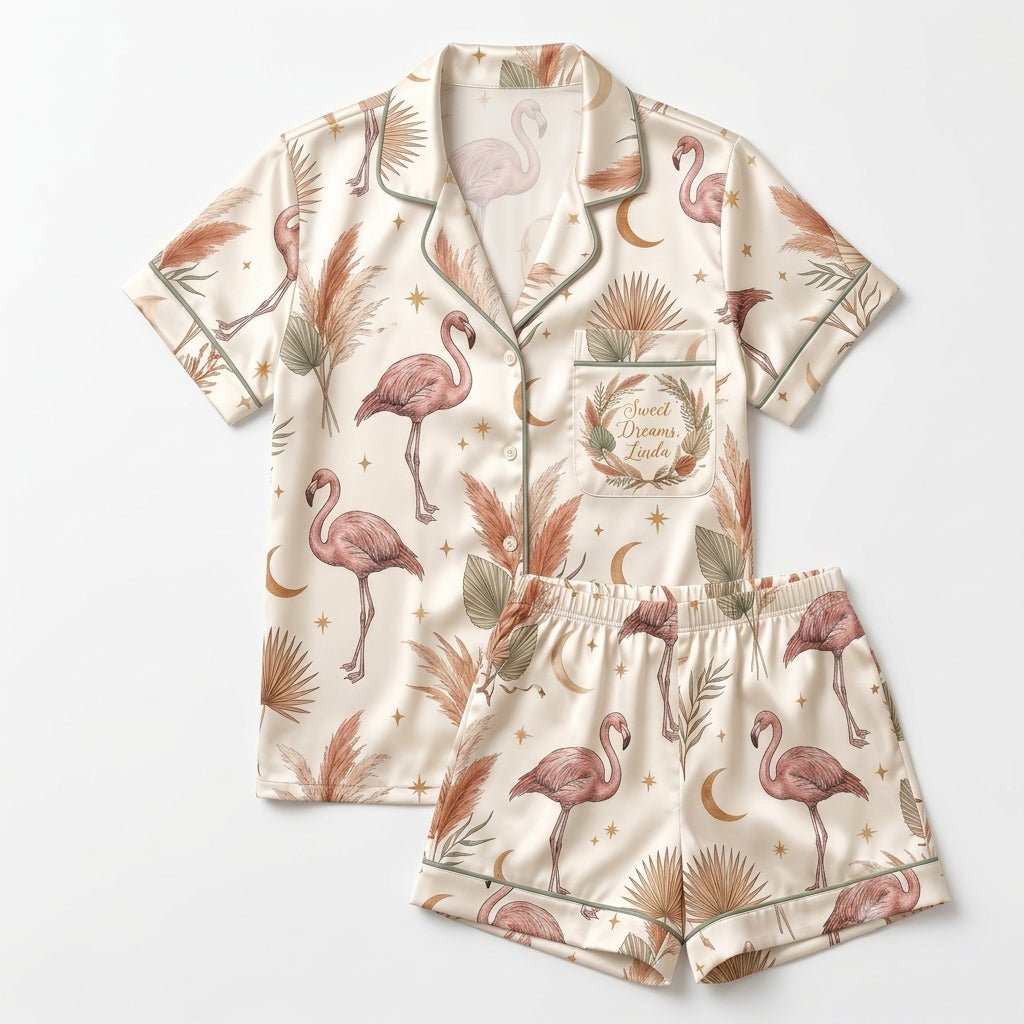 Personalized Boho Flamingo Dream Polyester Satin Pajama Set - FlamingoAholic