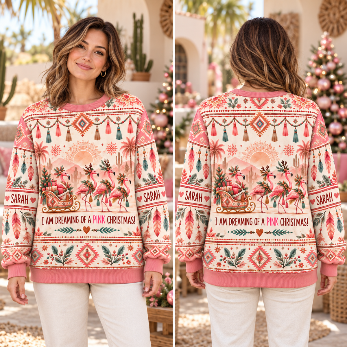Personalized Boho Pink Christmas Flamingo Sweater & Hoodie - FlamingoAholic