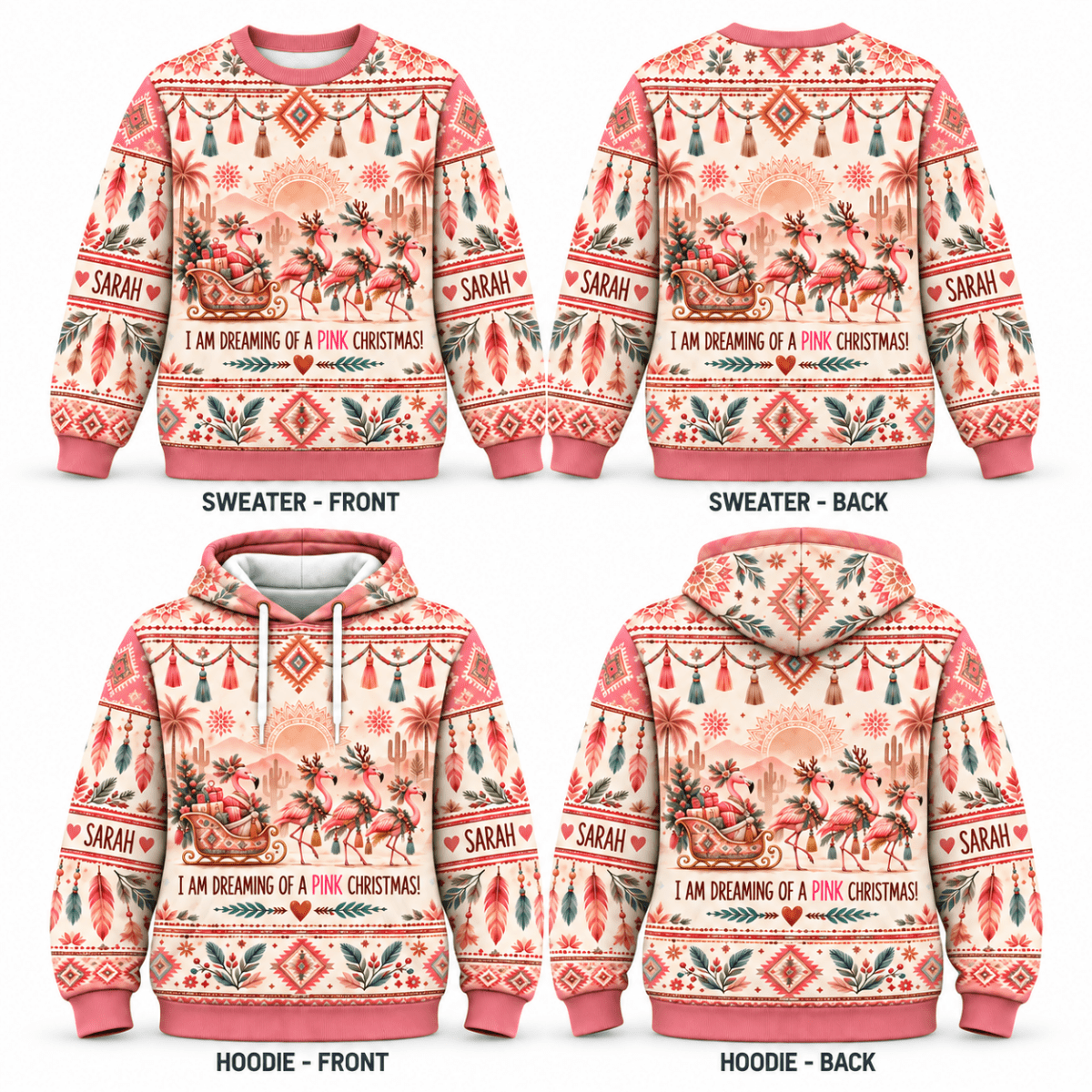 Personalized Boho Pink Christmas Flamingo Sweater & Hoodie - FlamingoAholic