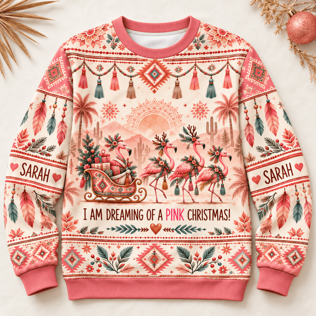 Personalized Boho Pink Christmas Flamingo Sweater & Hoodie - FlamingoAholic