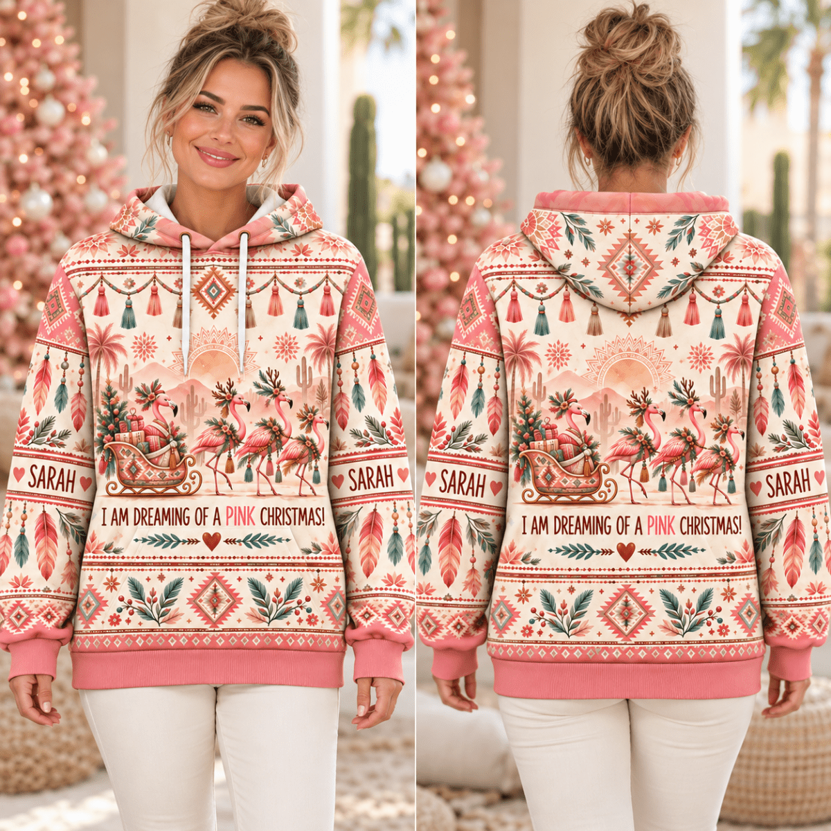 Personalized Boho Pink Christmas Flamingo Sweater & Hoodie - FlamingoAholic