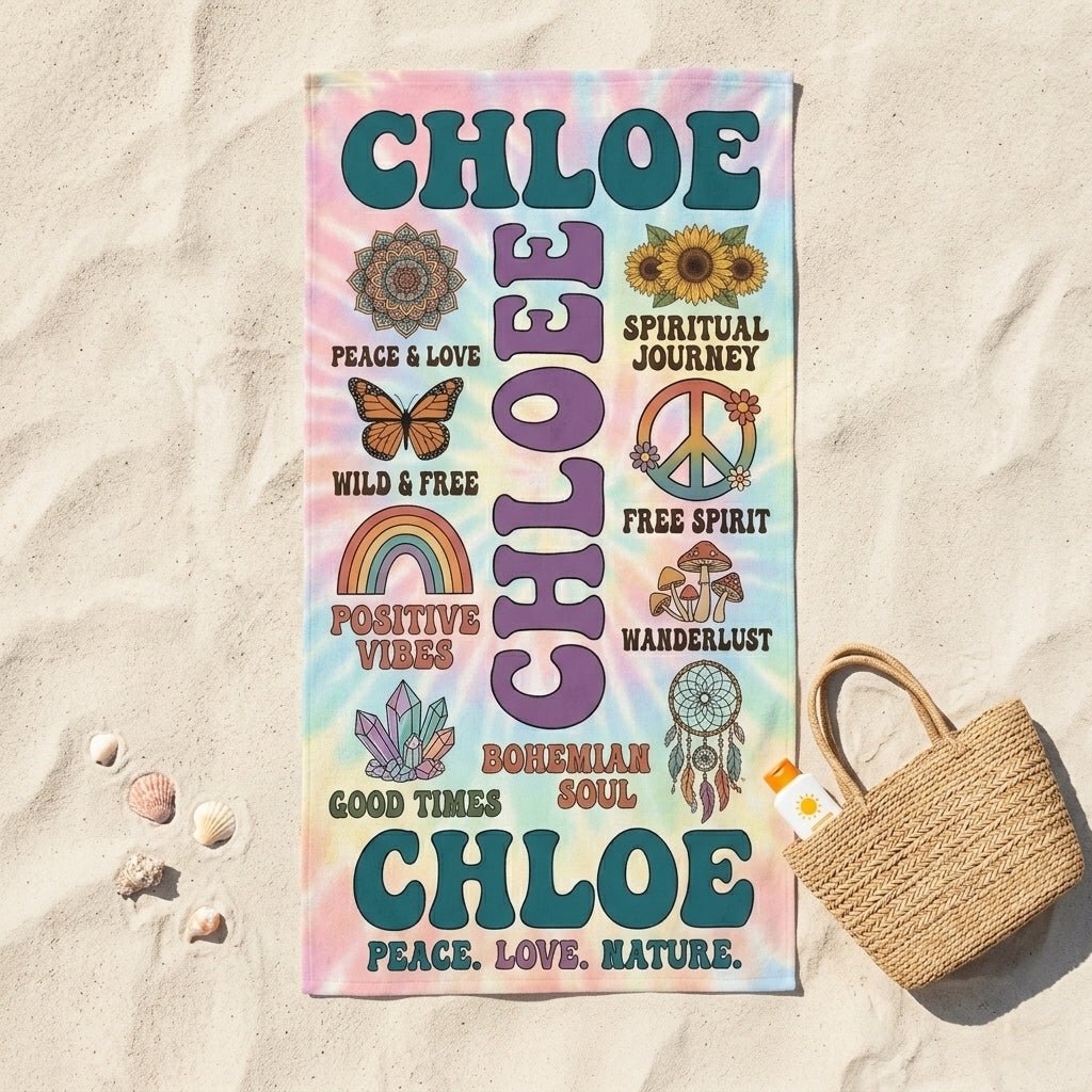 Personalized Boho Tie-Dye Beach Towel - Custom Name "Peace. Love. Nature." - FlamingoAholic