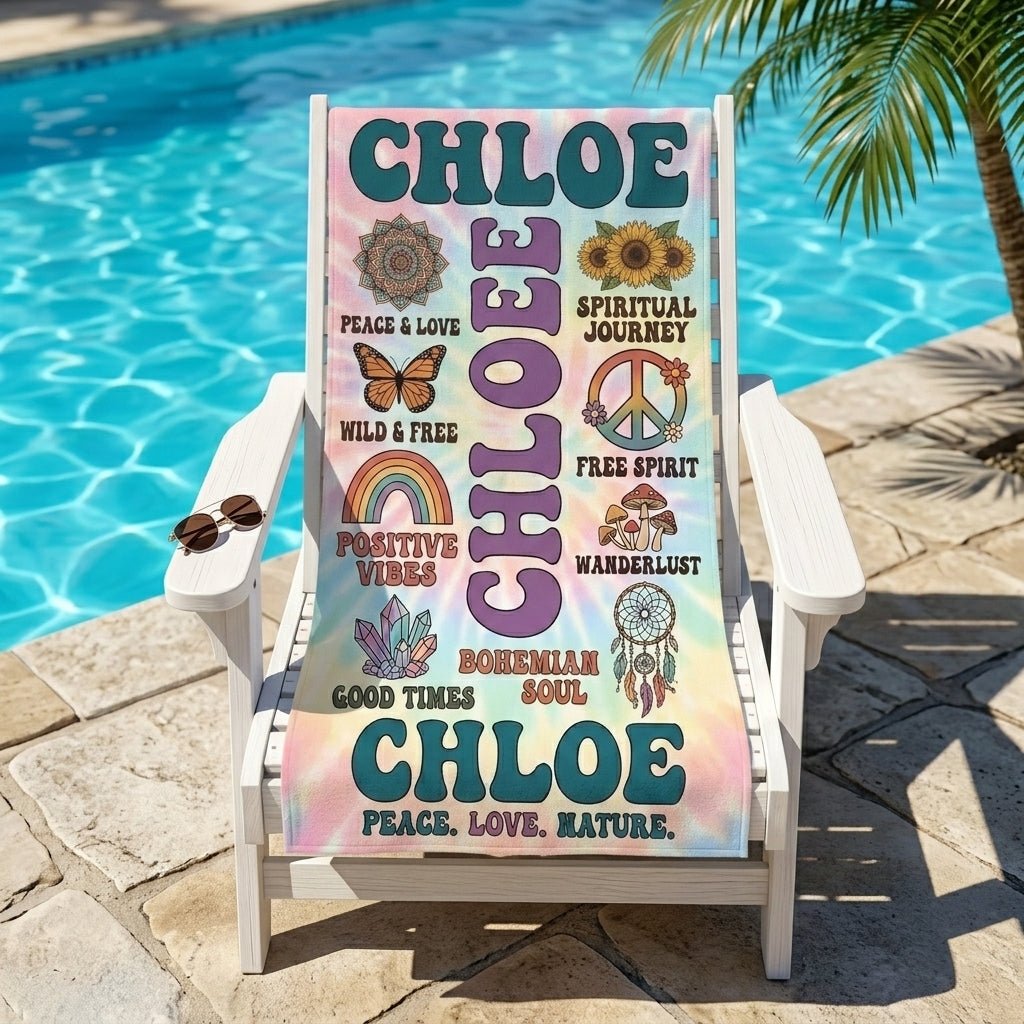 Personalized Boho Tie-Dye Beach Towel - Custom Name "Peace. Love. Nature." - FlamingoAholic
