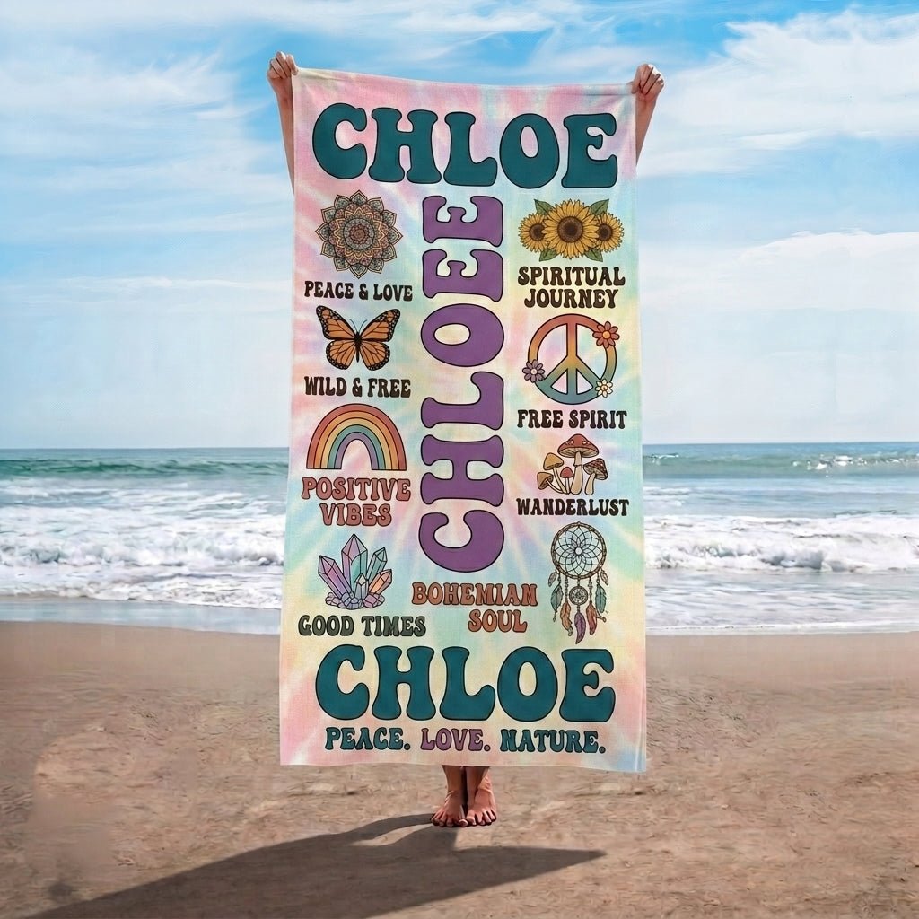 Personalized Boho Tie-Dye Beach Towel - Custom Name "Peace. Love. Nature." - FlamingoAholic