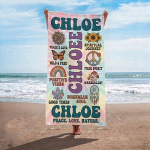 Personalized Boho Tie-Dye Beach Towel - Custom Name "Peace. Love. Nature." - FlamingoAholic