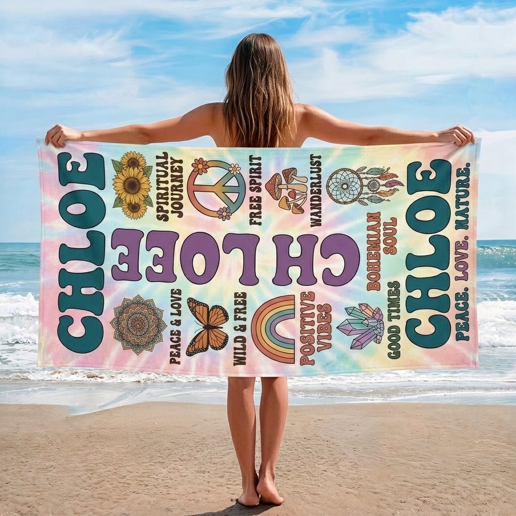 Personalized Boho Tie-Dye Beach Towel - Custom Name "Peace. Love. Nature." - FlamingoAholic