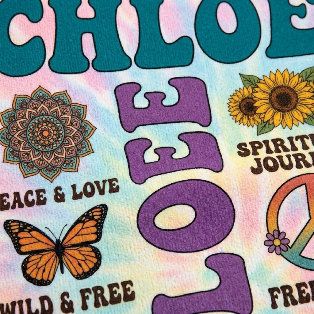 Personalized Boho Tie-Dye Beach Towel - Custom Name "Peace. Love. Nature." - FlamingoAholic