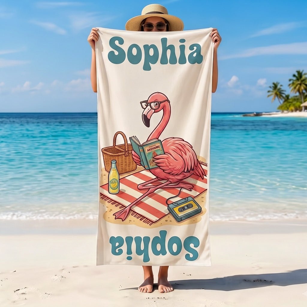 Personalized Bookworm Flamingo Beach Towel - Smart Tropical Animal Custom Name Summer Gift - FlamingoAholic