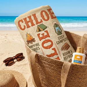 Personalized Camping Beach Towel - Custom Name "Explore. Relax. Discover." Gift - FlamingoAholic