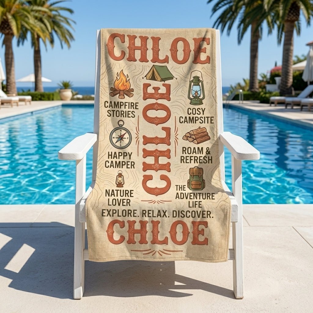 Personalized Camping Beach Towel - Custom Name "Explore. Relax. Discover." Gift - FlamingoAholic