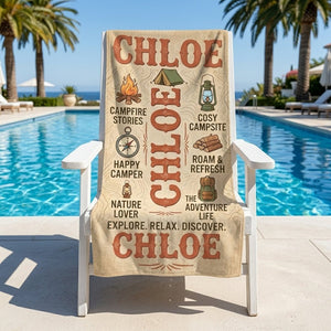 Personalized Camping Beach Towel - Custom Name "Explore. Relax. Discover." Gift - FlamingoAholic