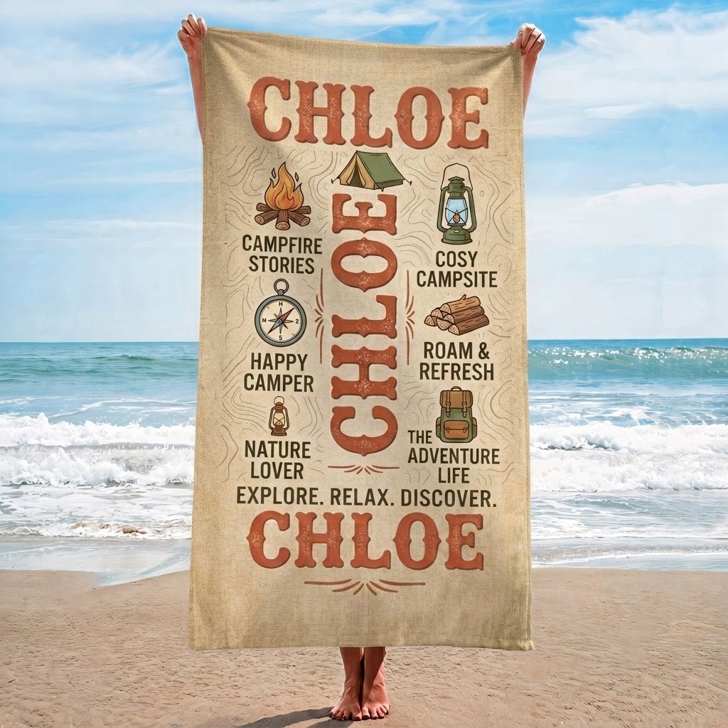 Personalized Camping Beach Towel - Custom Name "Explore. Relax. Discover." Gift - FlamingoAholic