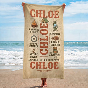Personalized Camping Beach Towel - Custom Name "Explore. Relax. Discover." Gift - FlamingoAholic