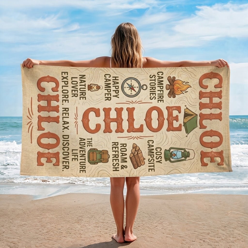 Personalized Camping Beach Towel - Custom Name "Explore. Relax. Discover." Gift - FlamingoAholic