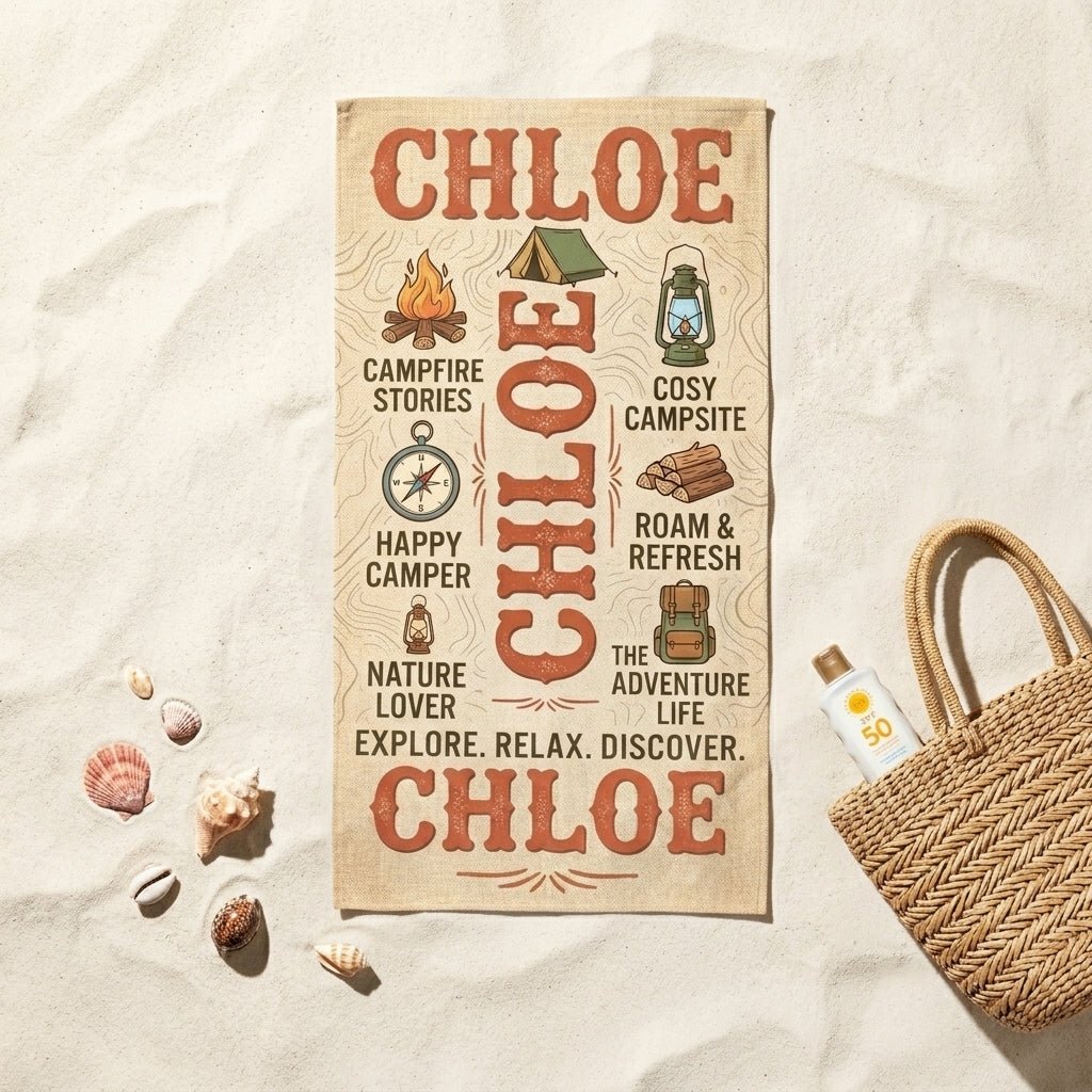 Personalized Camping Beach Towel - Custom Name "Explore. Relax. Discover." Gift - FlamingoAholic