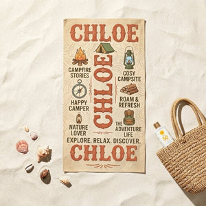 Personalized Camping Beach Towel - Custom Name "Explore. Relax. Discover." Gift - FlamingoAholic
