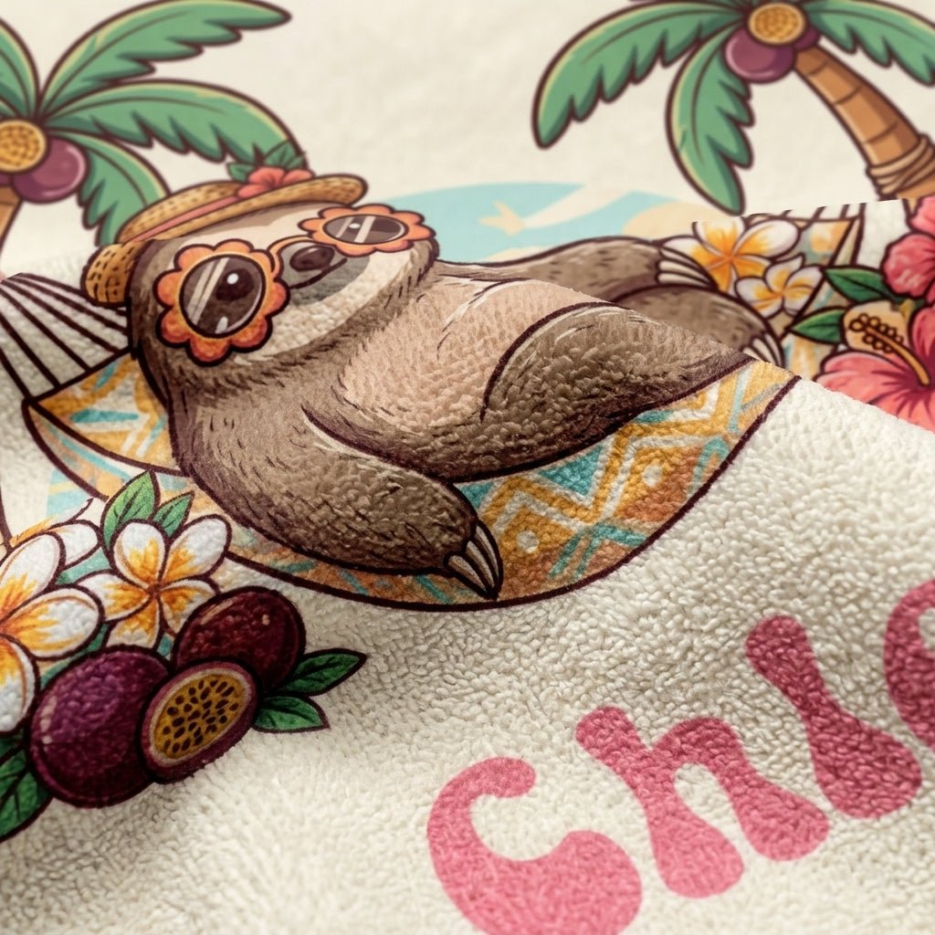 Personalized "Chill Sloth" Beach Towel - Custom Name Tropical Summer Vacation Gift - FlamingoAholic