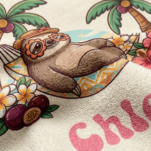 Personalized "Chill Sloth" Beach Towel - Custom Name Tropical Summer Vacation Gift - FlamingoAholic