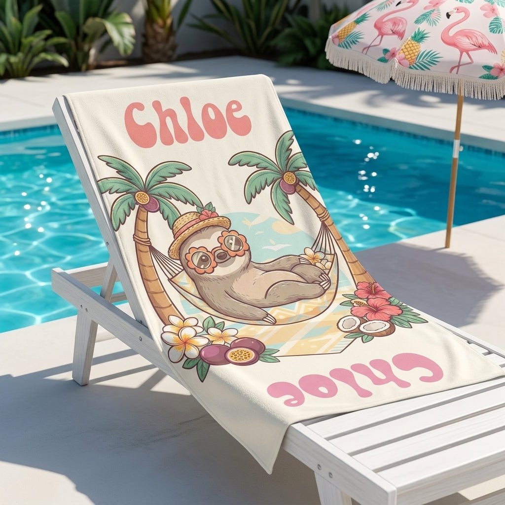 Personalized "Chill Sloth" Beach Towel - Custom Name Tropical Summer Vacation Gift - FlamingoAholic