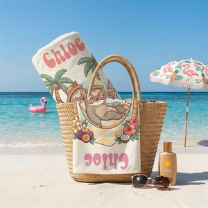Personalized "Chill Sloth" Beach Towel - Custom Name Tropical Summer Vacation Gift - FlamingoAholic