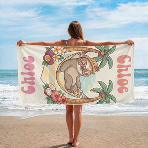Personalized "Chill Sloth" Beach Towel - Custom Name Tropical Summer Vacation Gift - FlamingoAholic