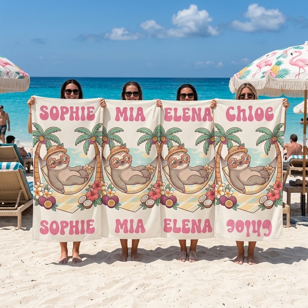 Personalized "Chill Sloth" Beach Towel - Custom Name Tropical Summer Vacation Gift - FlamingoAholic
