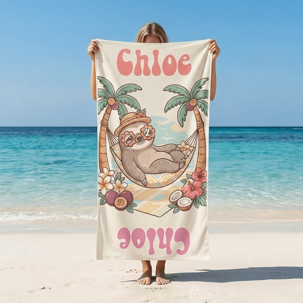Personalized "Chill Sloth" Beach Towel - Custom Name Tropical Summer Vacation Gift - FlamingoAholic