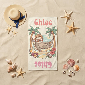 Personalized "Chill Sloth" Beach Towel - Custom Name Tropical Summer Vacation Gift - FlamingoAholic