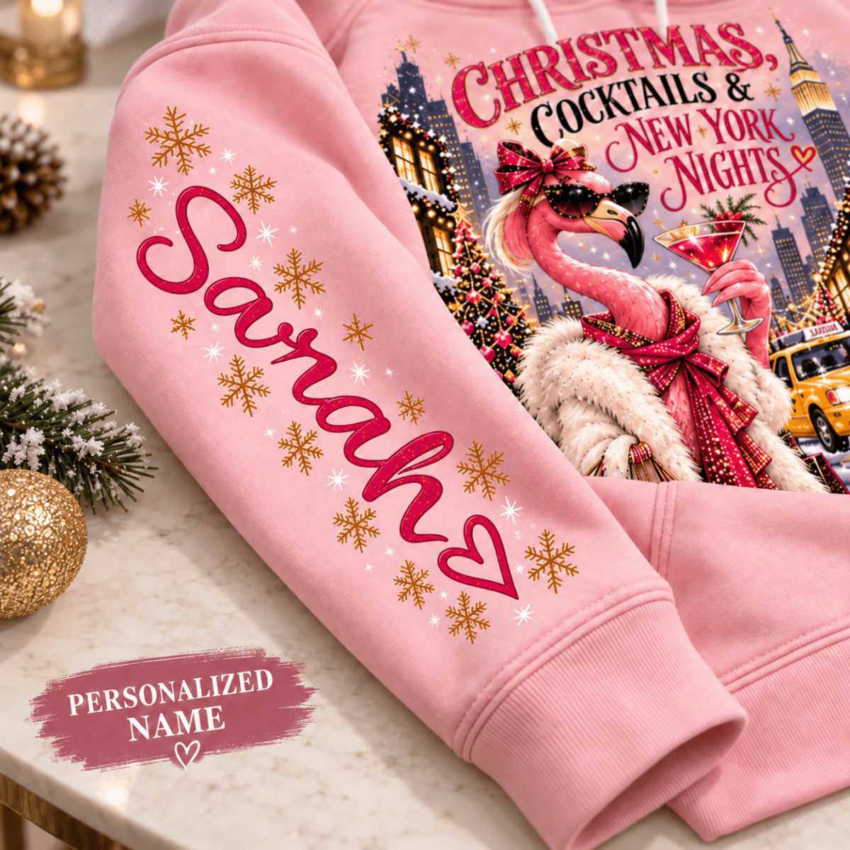 Personalized Christmas Cocktails & New York Nights Flamingo Sweater & Hoodie - FlamingoAholic