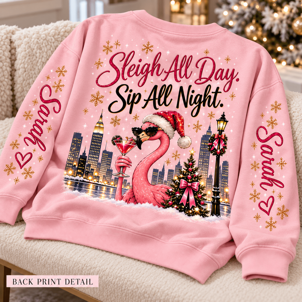 Personalized Christmas Cocktails & New York Nights Flamingo Sweater & Hoodie - FlamingoAholic