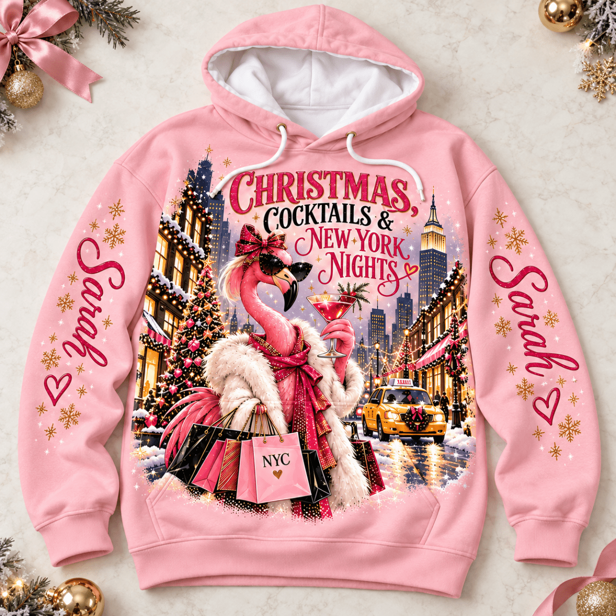 Personalized Christmas Cocktails & New York Nights Flamingo Sweater & Hoodie - FlamingoAholic