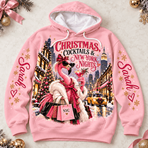 Personalized Christmas Cocktails & New York Nights Flamingo Sweater & Hoodie - FlamingoAholic