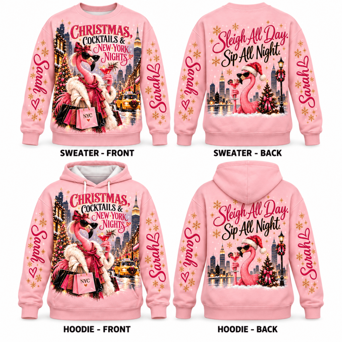 Personalized Christmas Cocktails & New York Nights Flamingo Sweater & Hoodie - FlamingoAholic