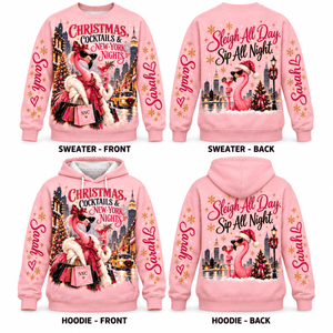 Personalized Christmas Cocktails & New York Nights Flamingo Sweater & Hoodie - FlamingoAholic