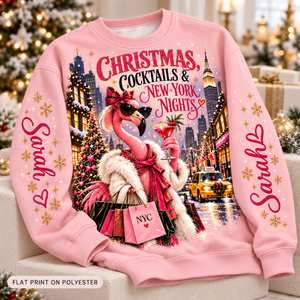 Personalized Christmas Cocktails & New York Nights Flamingo Sweater & Hoodie - FlamingoAholic