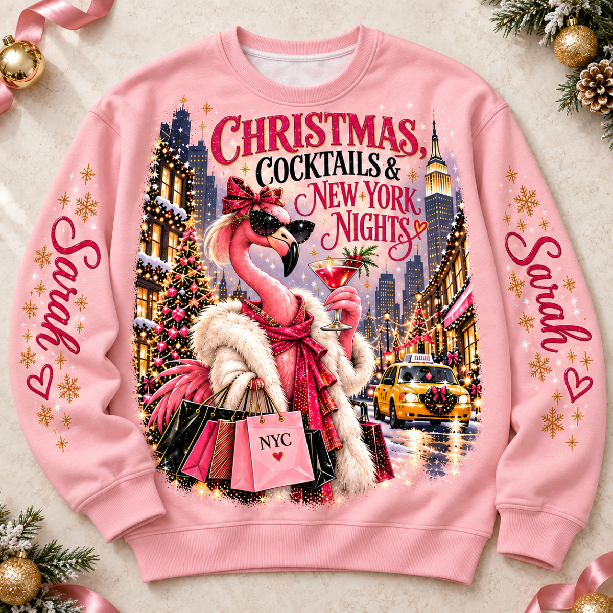 Personalized Christmas Cocktails & New York Nights Flamingo Sweater & Hoodie - FlamingoAholic