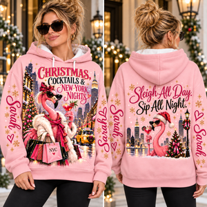 Personalized Christmas Cocktails & New York Nights Flamingo Sweater & Hoodie - FlamingoAholic