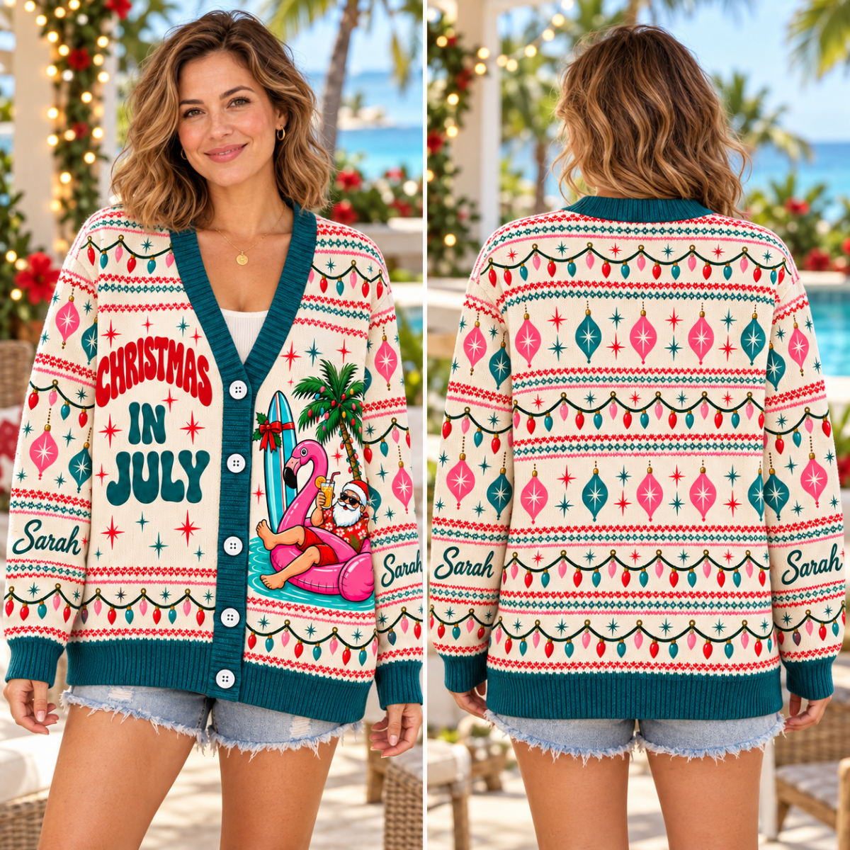 Personalized Christmas in July Flamingo Sweater & Cardigan - FlamingoAholic