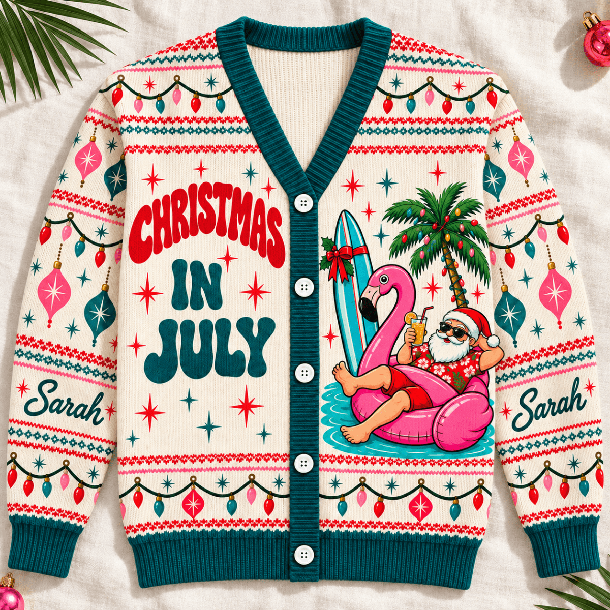 Personalized Christmas in July Flamingo Sweater & Cardigan - FlamingoAholic
